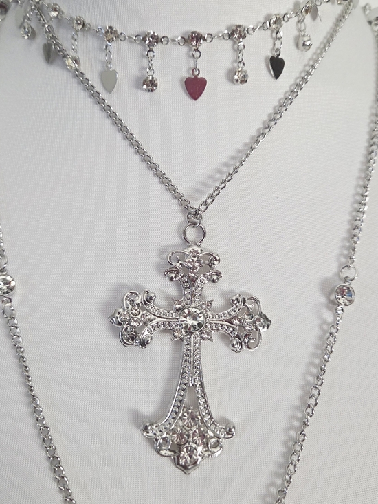 Silver Layered Cross Pendant Necklace - Picture 5 of 9